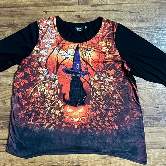 Onque Casuals Tops - Onque Causal • 3X-Large • Black/Orange • Halloween • Witch Cat/Leaves • Blouse